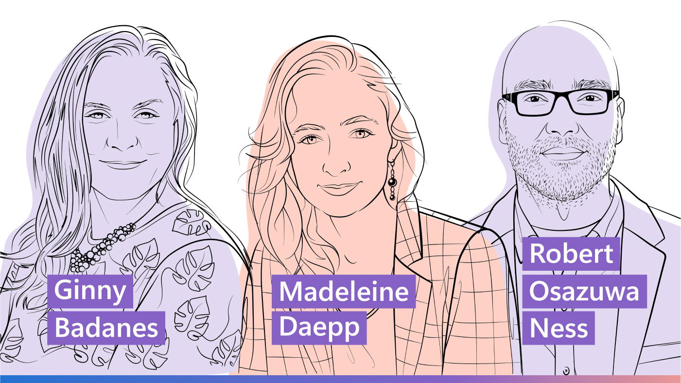 Illustrated podcast art with Ginny Badanes, Madeleine I. G. Daepp, and Robert Osazuwa Ness